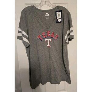 Texas Rangers MLB T-Shirt V-neck Short Sleeve Grey Majestic Womens XL NWT